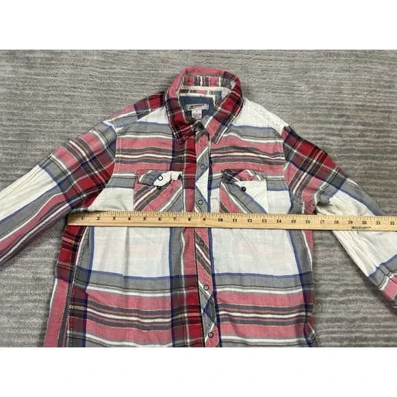 Arizona Top Womens Small Multicolor Plaid Metallic Snap Up Roll Tab Long Sleeve - Picture 4 of 12